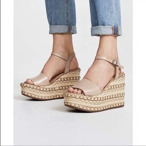 Schutz Platform Espadrilles Galaze Tan Beige Leather Wedge Woven Sandals 8.5